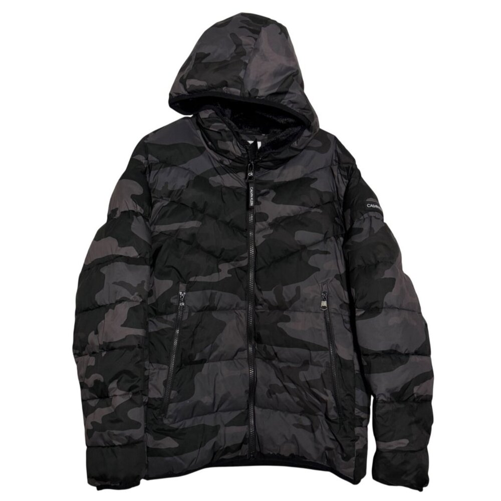 Calvin Klein Faux Fur Lined Camo Hooded Puffer Jacket Mens Size XL